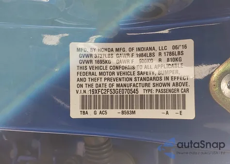 2016 Honda Civic Lx из США, поврежденный, VIN 19XFC2F53GE070545